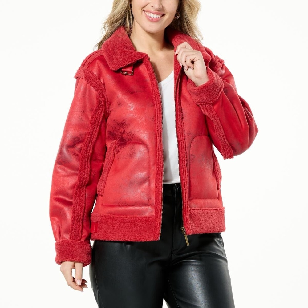 G by Giuliana Black Label Faux Suede and Shearling Zip-Front Coat Scarlet Red M